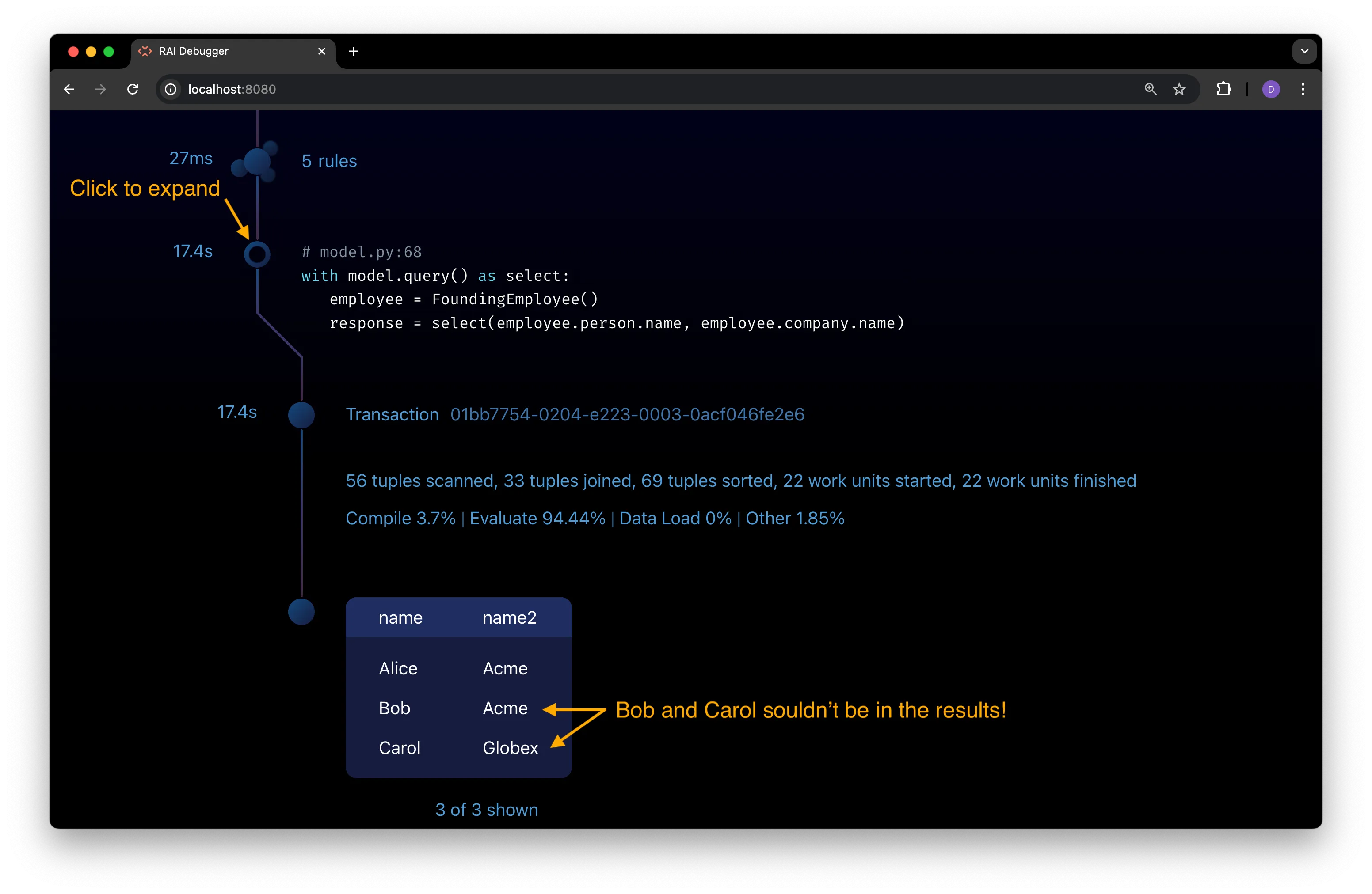 Expanded query node view with query results