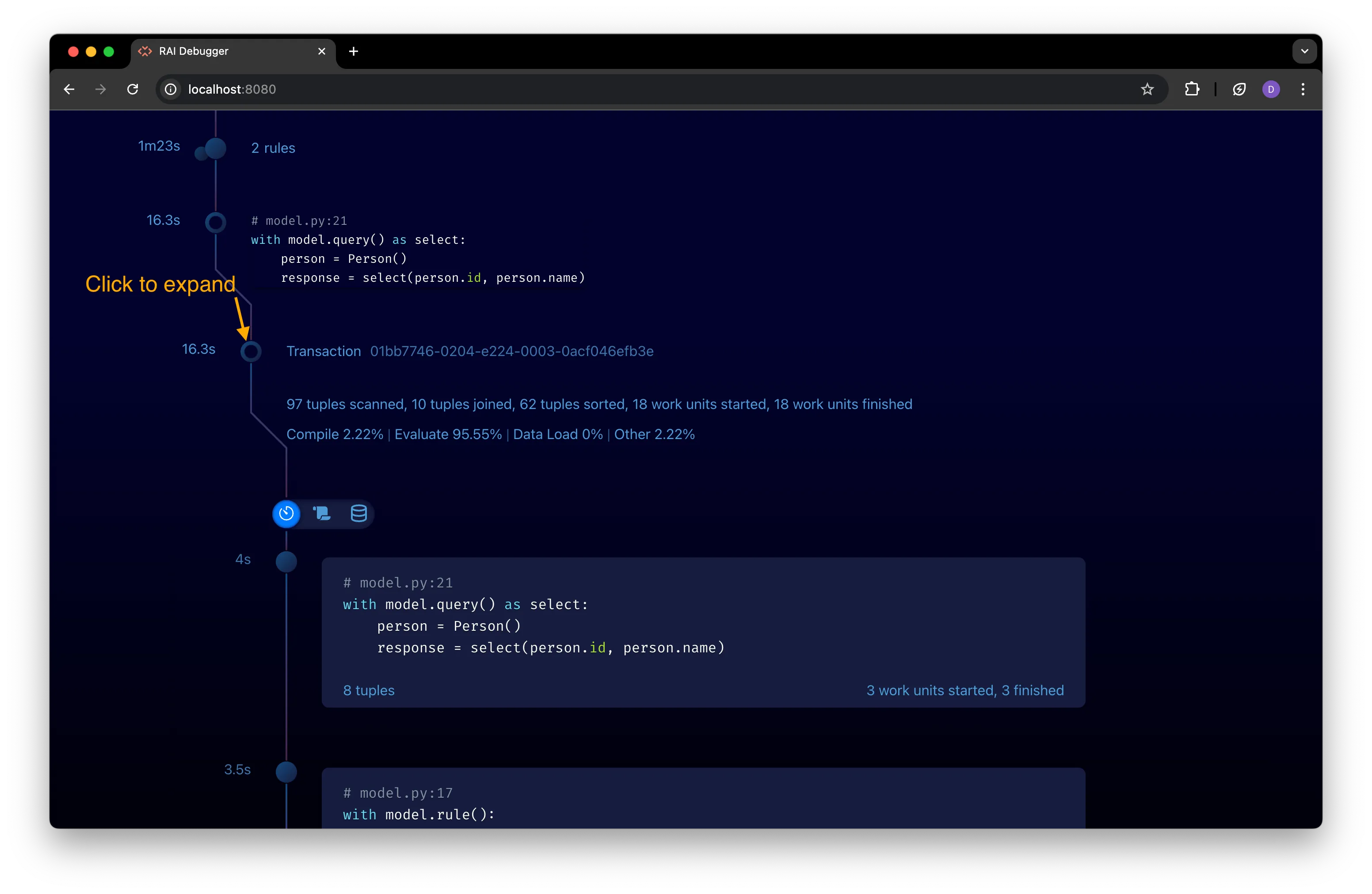 Expanded transaction node view with query execution details