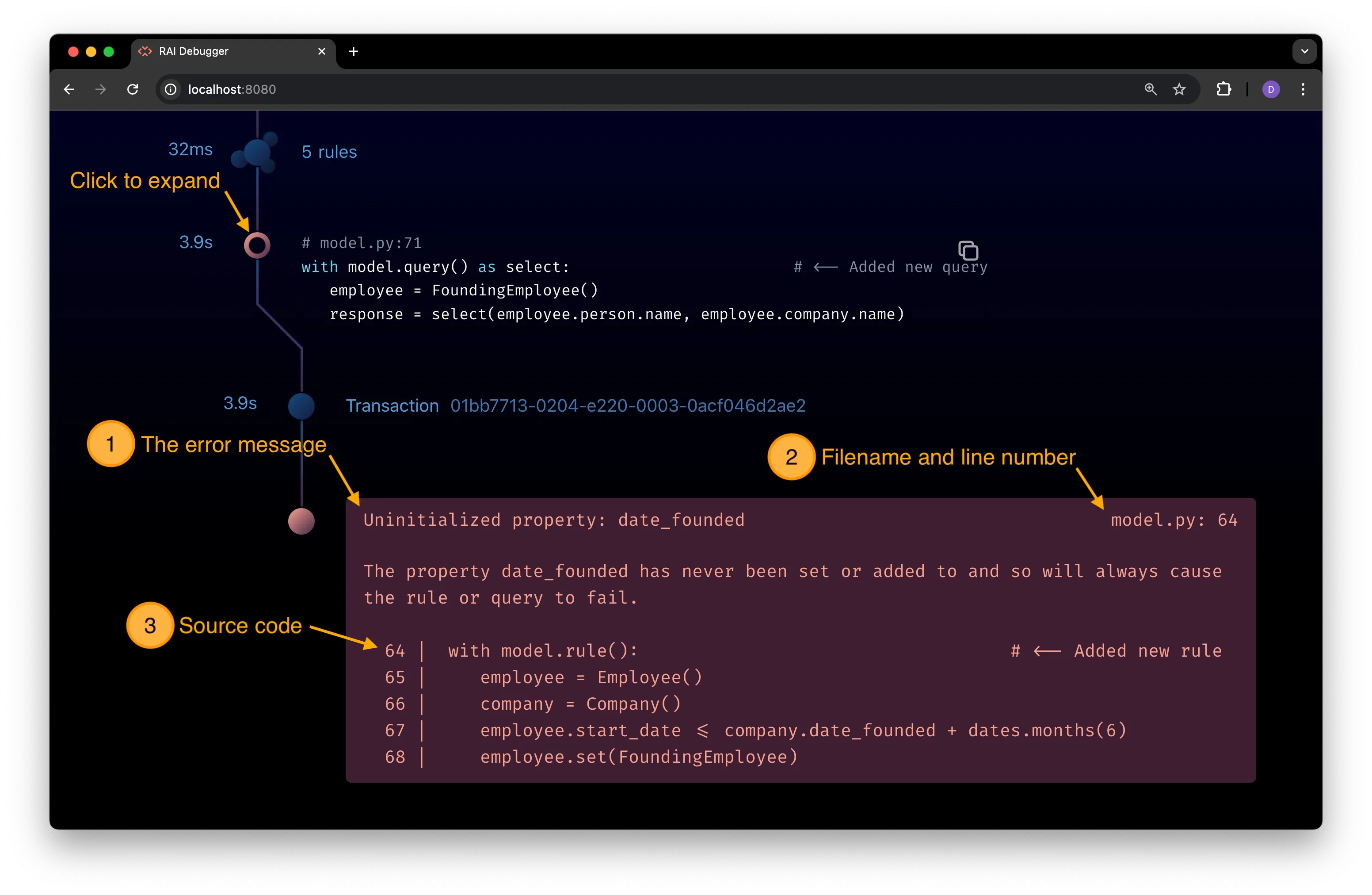 Expanded query node view with an error message