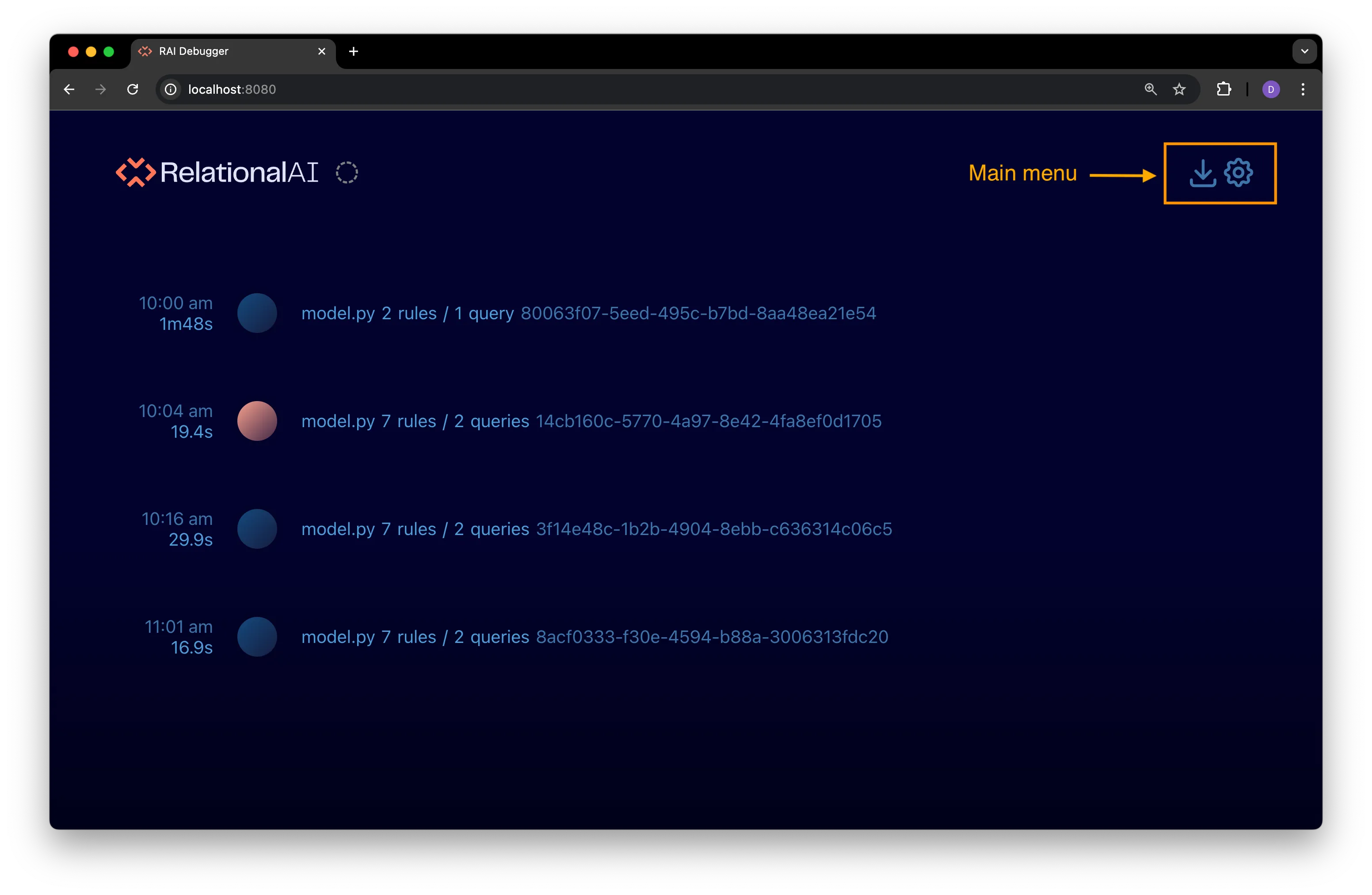 The main menu in the debugger interface