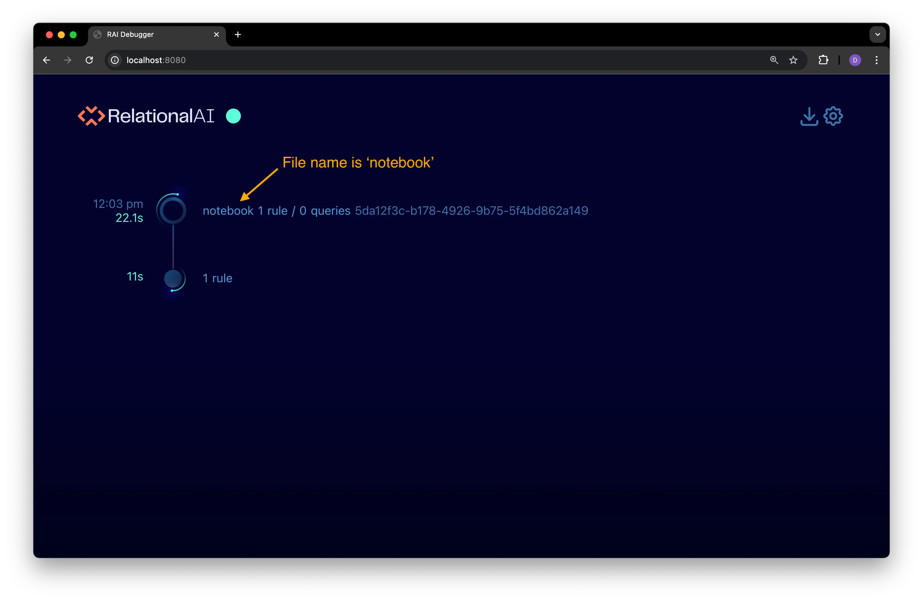 Debugger timeline with a notebook file name