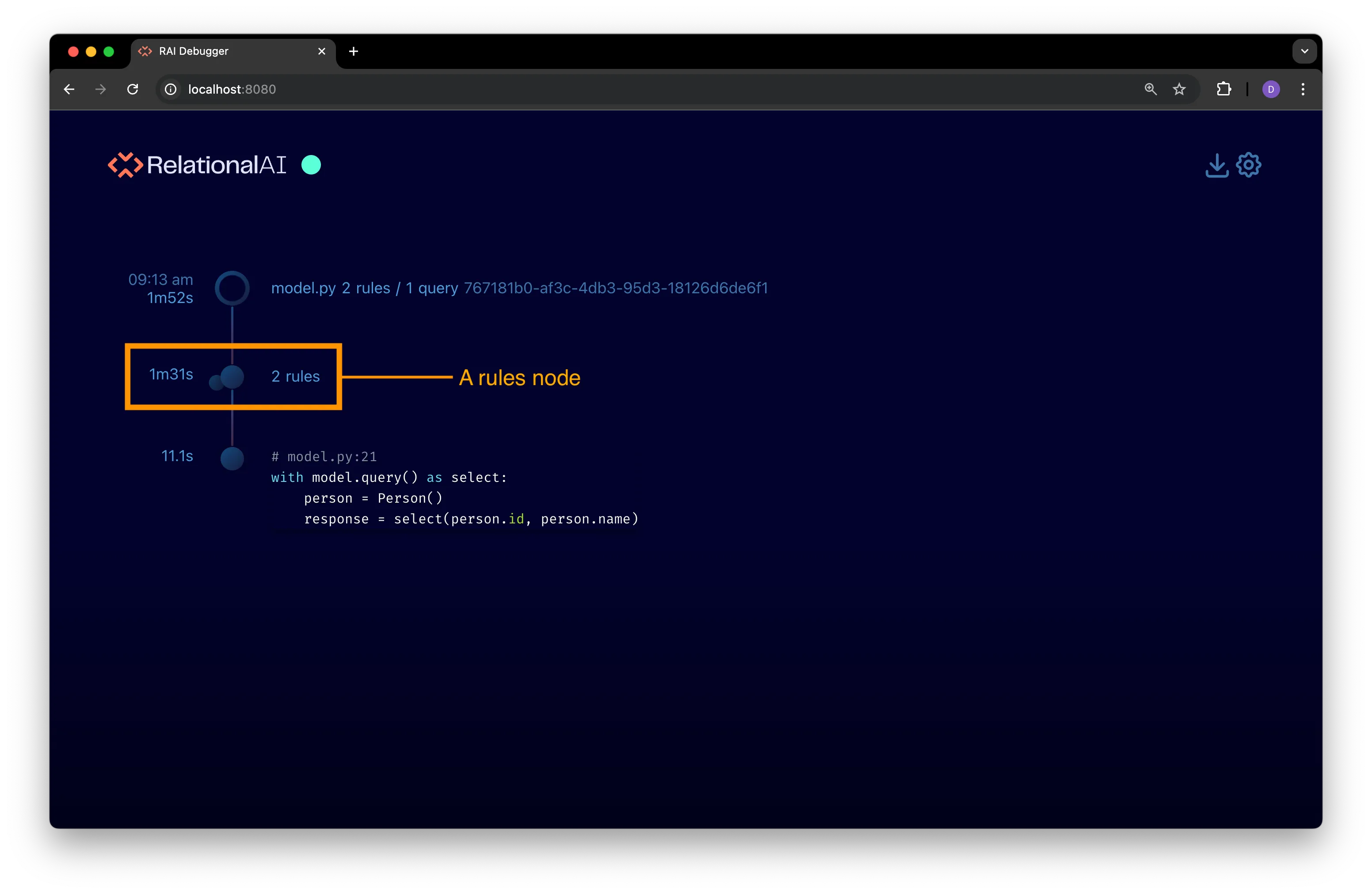 A rules node in the execution timeline