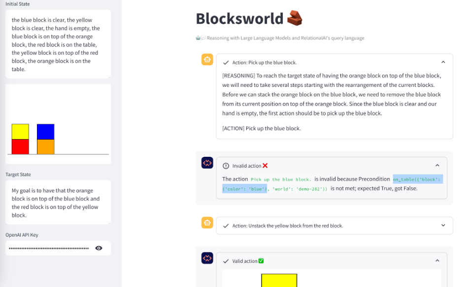 Blocksworld - reasoning with Large Language Models and RelationalAI query language
